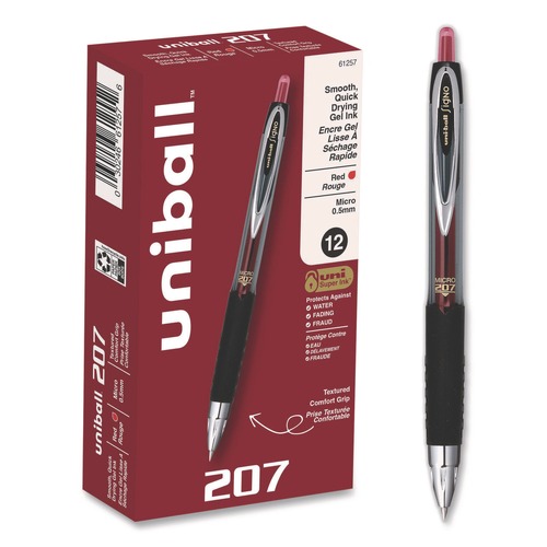 Pens | uni-ball 61257 Signo 207 0.5 mm Retractable Gel Pen - Red Ink/Smoke/Black/Red Barrel/Fine (1-Dozen) image number 0