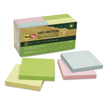PAPER AND PRINTABLES | Redi-Tag B26704 3 in. x 3 in. 100 Percent Recycled Self-Stick Notes - Assorted Pastel Colors (12/Pack)