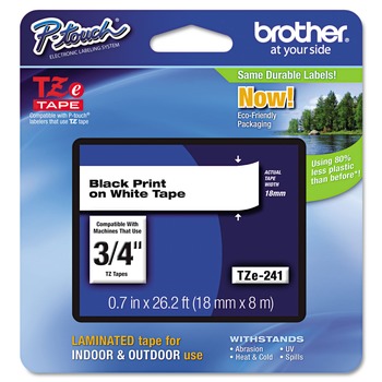Brother P-Touch TZE241 0.7 in. x 26.2 ft. TZE Standard Adhesive Laminated Labeling Tape - Black on White