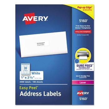 Avery 05160 1 in. x 2.63 in. Laser Printers Easy Peel White Address Labels with Sure Feed Technology (30/Sheet, 100 Sheets/Box)