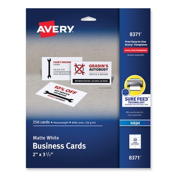 Avery 08371 2 x 3.5 Printable Microperforated Business Cards with Sure Feed Technology - White (250/Pack)