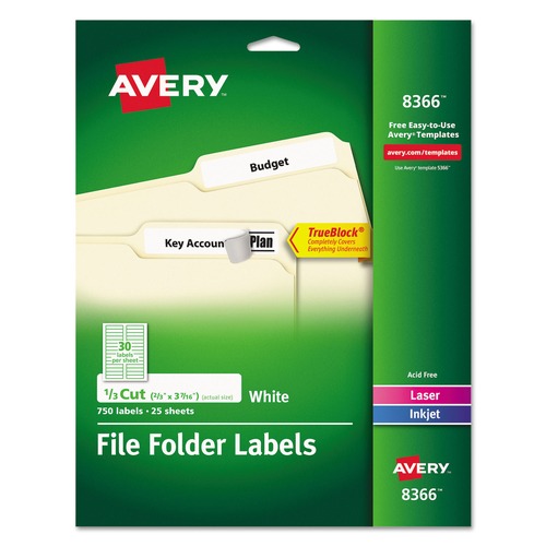 Back to School Sale | Avery 08366 0.66 in. x 3.44 in. Permanent TrueBlock File Folder Labels with Sure Feed Technology - White (30/Sheet, 25 Sheets/Pack) image number 0