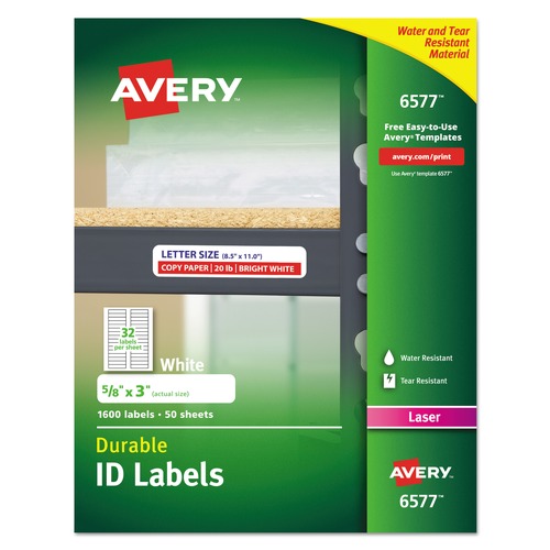 Labels | Avery 06577 Durable 0.63 in. x 3 in. Permanent ID Labels with TrueBlock Technology - White (32/Sheet, 50-Sheet/Pack) image number 0
