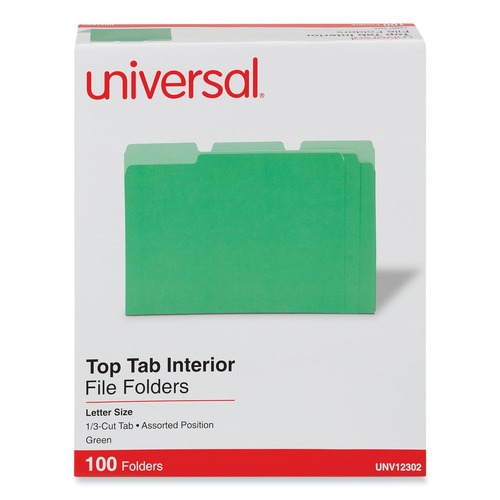 File Folders | Universal UNV12302 1/3-Cut Assorted Tab Interior File Folders - Letter Size, Green (100/Box) image number 0