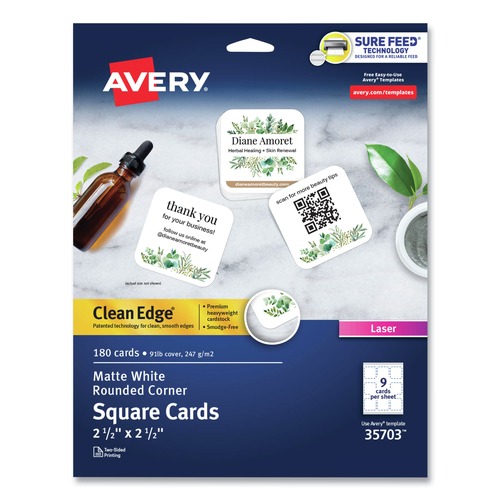Labels | Avery 35703 2.5 in. x 2.5 in. Square Clean Edge Cards with Sure Feed Technology for Laser Printers - White (180 Cards, 9 Cards/Sheet, 20 Sheets/Pack) image number 0