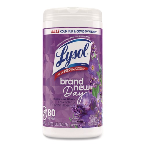 Hand Wipes | LYSOL Brand 19200-56264 Disinfecting Wipes, 1-Ply, 7 x 7.25, Lavender and Cotton Blossom, White, 80 Wipes/Canister image number 0
