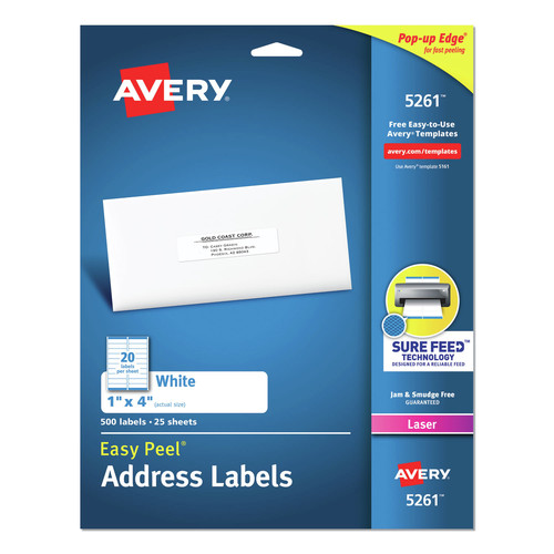 Labels | Avery 05261 Easy Peel 1 in. x 4 in. Address Labels with Sure Feed Technology - White (20/Sheet, 25 Sheets/Pack) image number 0
