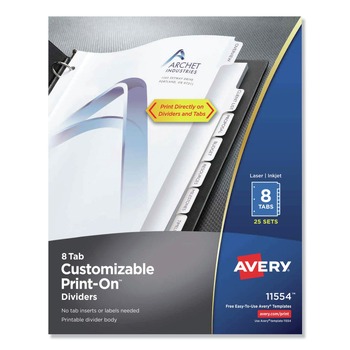 Avery 11554 Print-On 11 in. x 8.5 in. 8-Tab 3-Hole Customizable Punched Dividers - White (200/Pack)