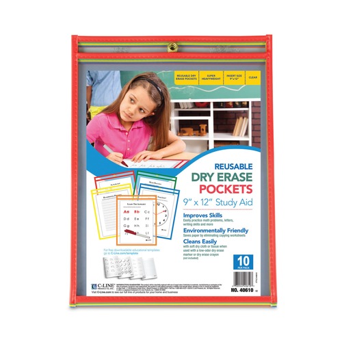 Report Covers & Pocket Folders | C-Line 40610 9 in. x 12 in. Reusable Dry Erase Pockets - Assorted Primary Colors (10/Pack) image number 0