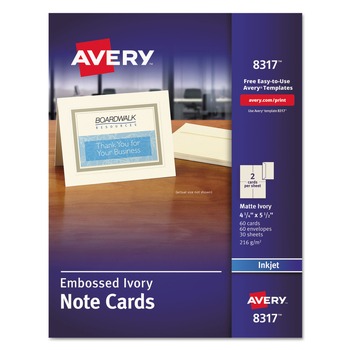 Avery 08317 80 lbs. 4.25 in. x 5.5 in. Note Cards with Matching Envelopes for Inkjet Printers - Embossed Matte Ivory (60 Cards, 2 Cards/Sheet, 30 Sheets/Box)