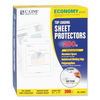 C-Line 62067 11 in. x 8-1/2 in. Economy Weight Poly Sheet Protectors with 2-in. Sheet Capacity - Reduced Glare (200/Box)