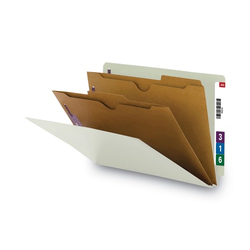 File Folders | Smead 29710 6 SafeSHIELD Fasteners 2 Dividers Legal Size X-Heavy End Tab Pressboard Classification Folders - Gray-Green (10/Box) image number 0