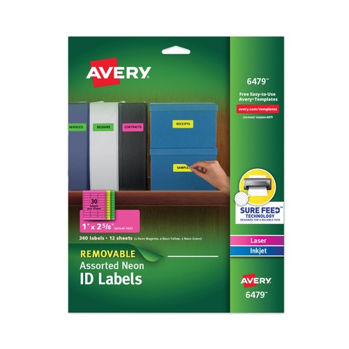 Labels | Avery 06479 1 in. x 2.63 in. High-Vis Removable Laser/Inkjet ID Labels with Sure Feed - Assorted Neon (360/Pack) image number 0