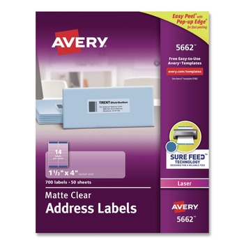 LABELS AND LABEL MAKERS | Avery 05662 Easy Peel 1.33 in. x 4 in. Mailing Labels with Sure Feed - Matte Clear (14-Piece/Sheet, 50 Sheets/Box)