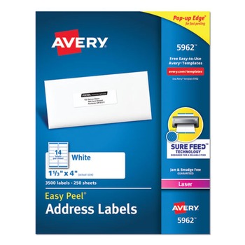 Avery 05962 1.33 in. x 4 in. Easy Peel Address Labels with Sure Feed Technology for Laser Printers - White (14/Sheet, 250 Sheets/Box)
