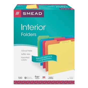 Smead 10229 Interior File Folders with 1/3-Cut Tabs - Letter, Assorted (100/Box)