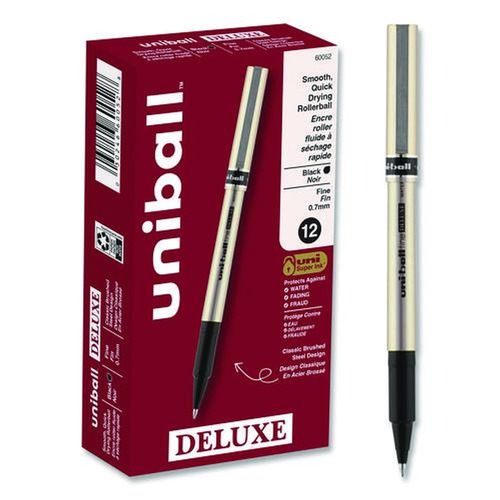 Pens | uni-ball 60052 Deluxe 0.7 mm Stick Roller Ball Pen - Black Ink/Champagne/Black Barrel/Fine (1-Dozen) image number 0