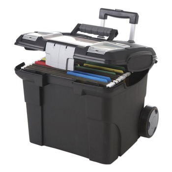 JUST LAUNCHED | Storex 61507U01C 15 in. x 16.38 in. x 14.25 in. Premium Mobile Letter File Transport Box with Telescoping Handle and Organizer Tray - Black/Gray