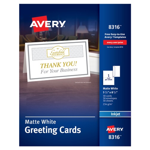 Envelopes & Mailers | Avery 08316 85 lbs. 5.5 in. x 8.5 in. Half-Fold Greeting Cards with Matching Envelopes for Inkjet Printers - Matte White (1 Card/Sheet, 30 Sheets/Box) image number 0