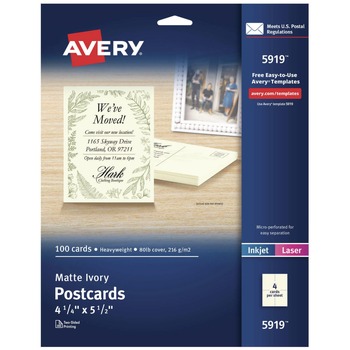 Avery 05919 4.25 in. x 5.5 in. 74 lbs. Inkjet/Laser Printable Postcards - Ivory (100/Pack)