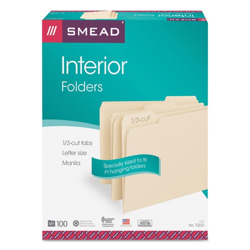 Just Launched | Smead 10230 0.75 in. Expansion Letter Size 1/3-Cut Tabs Assorted Interior File Folders - Manila (100/Box) image number 0