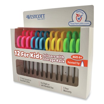 JUST LAUNCHED | Westcott 13141 5 in. Long, 1.75 in. Cut Length Pointed Tip Kids Scissors - Assorted Handles (12/Pack)