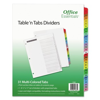  | Office Essentials 11681 Table 'n Tabs 11 in. x 8.5 in. 31-Tab 1 to 31 Dividers - White/Assorted Tabs (1-Set)