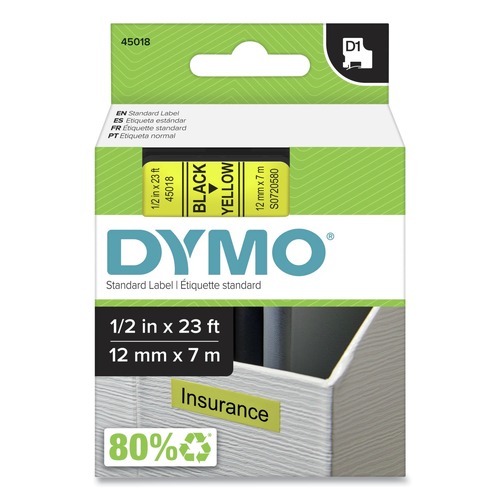 Labels | DYMO 45018 0.5 in. x 23 ft. D1 High-Performance Polyester Removable Label Tape - Yellow image number 0