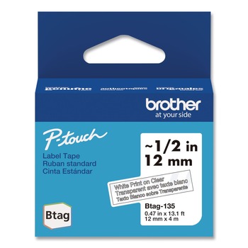 Brother P-Touch BTAG135 0.47 in. x 13.1 ft. Genuine P-Touch BTAG Label Tapes - White on Clear