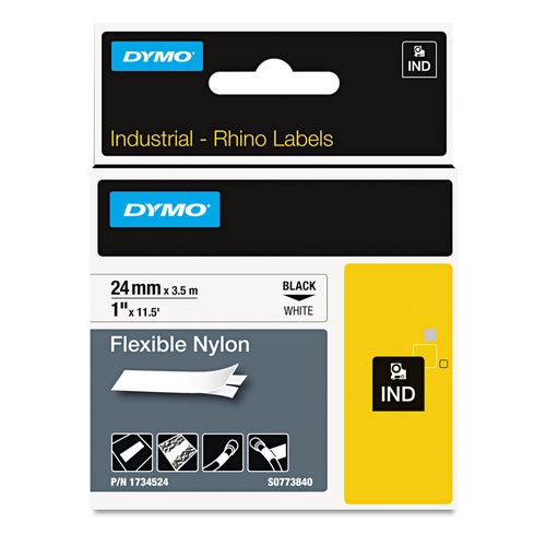 Just Launched | DYMO 1734524 Rhino 1 in. x 11.5 ft. Flexible Nylon Industrial Label Tape - White/Black Print (1-Roll) image number 0