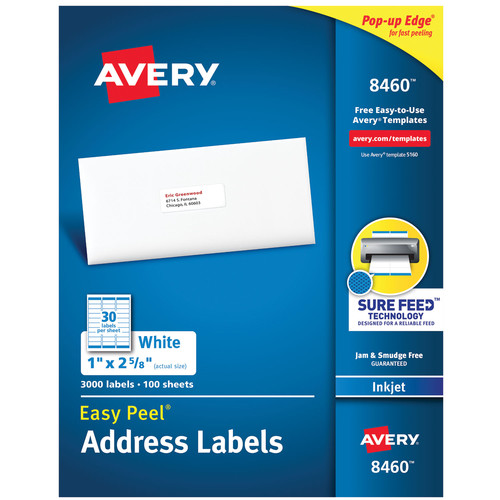 Labels | Avery 08460 1 in. x 2.63 in. Easy Peel Address Labels with Sure Feed Technology for Inkjet Printers - White (30/Sheet, 100 Sheets/Box) image number 0