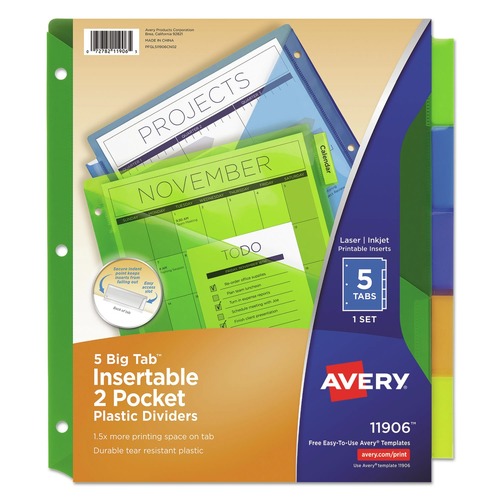 Dividers & Tabs | Avery 11906 Insertable 5-Tab 11-1/8 in. x 9-1/4 in. Big Tab Plastic Dividers with Two Pockets - Multicolor (1-Set) image number 0