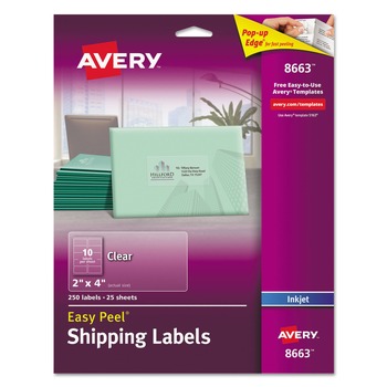 Avery 08663 2 in. x 4 in. Easy Peel Mailing Labels with Sure Feed Technology - Clear (10/Sheet, 25 Sheets/Pack)