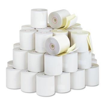 PM Company 7706 3 in. x 90 ft. Impact Printing Carbonless Paper Rolls - White/Canary (50/Carton)