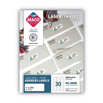  | MACO MML-3000 1 in. x 2.63 in. Laser/Inkjet Shipping Address Labels - White (3000/Box)
