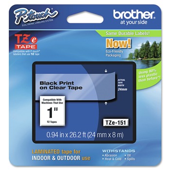 Brother P-Touch TZE151 TZe 0.94 in. x 26.2 ft. Standard Adhesive Laminated Labeling Tape - Black on Clear