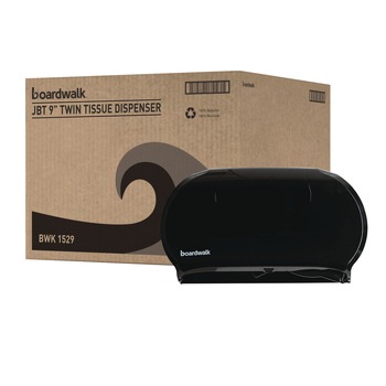 Boardwalk R4070BKBW 20.25 in. x 6 in. x 12.25 in. Jumbo Twin Toilet Tissue Dispenser - Black