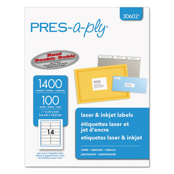 PRES-a-ply 30602 1.33 x 4 Laser Printer Labels - White (1400/Box)
