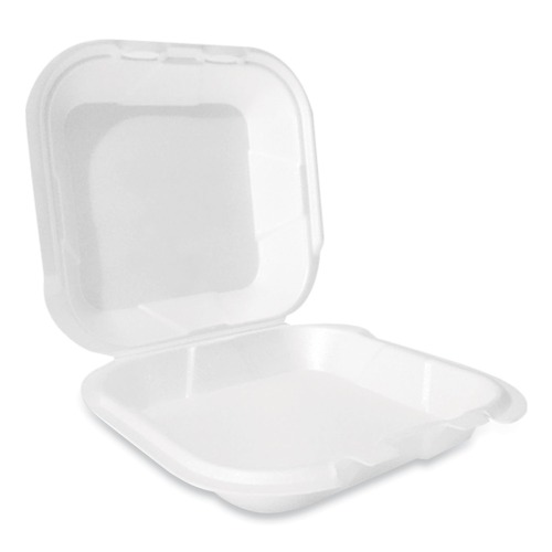 Food Trays, Containers, and Lids | Plastifar 12095 9 in. x 9 in. x 3 in. Secure Two Tab Latch Poly Bag Foam Hinged Lid Container - White (200/Carton) image number 0
