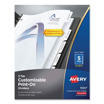 DIVIDERS AND TABS | Avery 11517 Print-On 11 in. x 8.5 in. 5-Tab 3-Hole Customizable Punched Dividers - White (125/Pack)