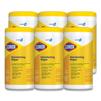 Clorox 15948 7 in. x 8 in. 1-Ply Disinfecting Wipes - Lemon Fresh, White (75/Canister, 6/Carton)