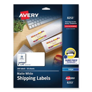 Avery 08253 2 in. x 4 in. Vibrant Inkjet Color-Print Labels with Sure Feed - Matte White (200/Pack)