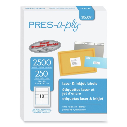 Labels | PRES-a-ply 30609 2 in. x 4 in. Laser Printer Labels - White (10/Sheet, 250 Sheets/Box) image number 0