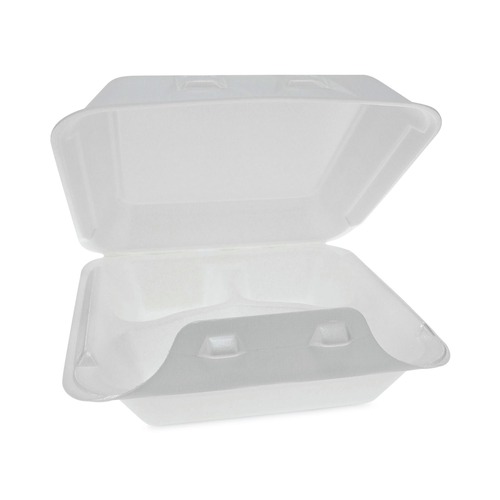 Food Service | Pactiv Corp. YHLW08030000 SmartLock 8 in. x 8.5 in. x 3 in. 3-Compartment Foam Hinged Lid Container - Medium White (150/Carton) image number 0