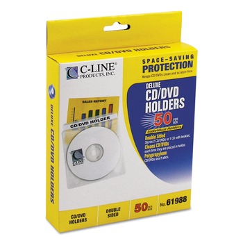 FILING AND FOLDERS | C-Line 61988 Deluxe Individual CD/DVD Holders with 2-Disc Capacity - Clear/White (50/Boxes)