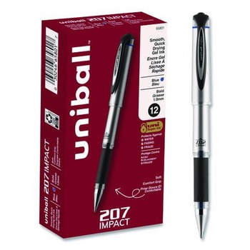uni-ball 65801 207 Impact 1 mm Stick Gel Pen - Blue Ink/Silver/Black/Blue Barrel/Bold (1-Dozen)