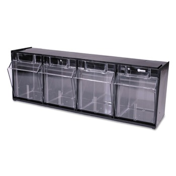 Deflecto 20404OP 23.63 in. x 6.63 in. x 8.13 in. 4 Sections Tilt Bin Interlocking Multi-Bin Storage Organizer - Black/Clear