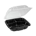 Food Trays, Containers, and Lids | Pactiv Corp. DC858310B000 21 oz 3-Compartment EarthChoice Vented Dual Color Microwavable Hinged Lid Container - Black/Clear (150/Carton) image number 1