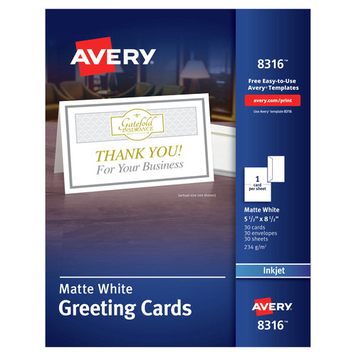 Envelopes & Mailers | Avery 08316 5.5 x 8.5 Inkjet Half-Fold Greeting Cards with Matching Envelopes - Matte White (30/Box) image number 0