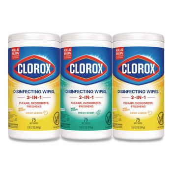 PRODUCTS | Clorox 30208 7 in. x 8 in. 1-Ply Disinfecting Wipes - Fresh Scent/Citrus Blend, White (75/Canister, 3 Canisters/Pack)